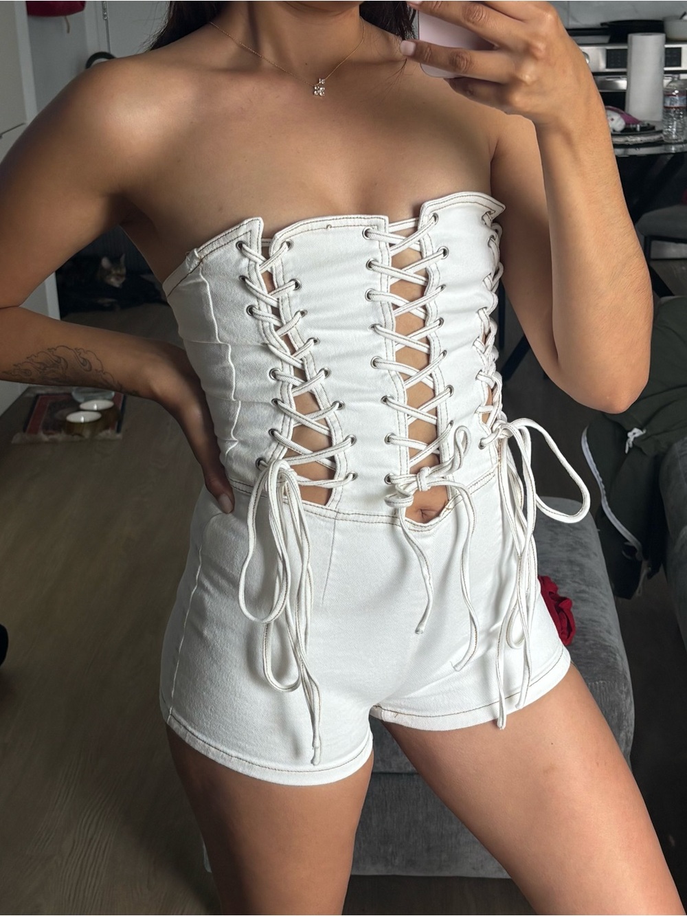 White Lace-Up Strapless Denim Romper Shorts